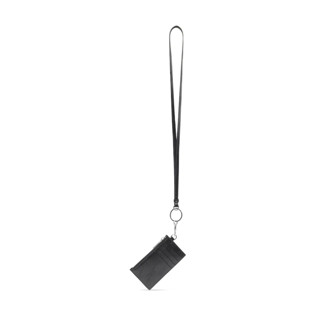 Men's Embossed Monogram Card Case On Keychain Box in Black