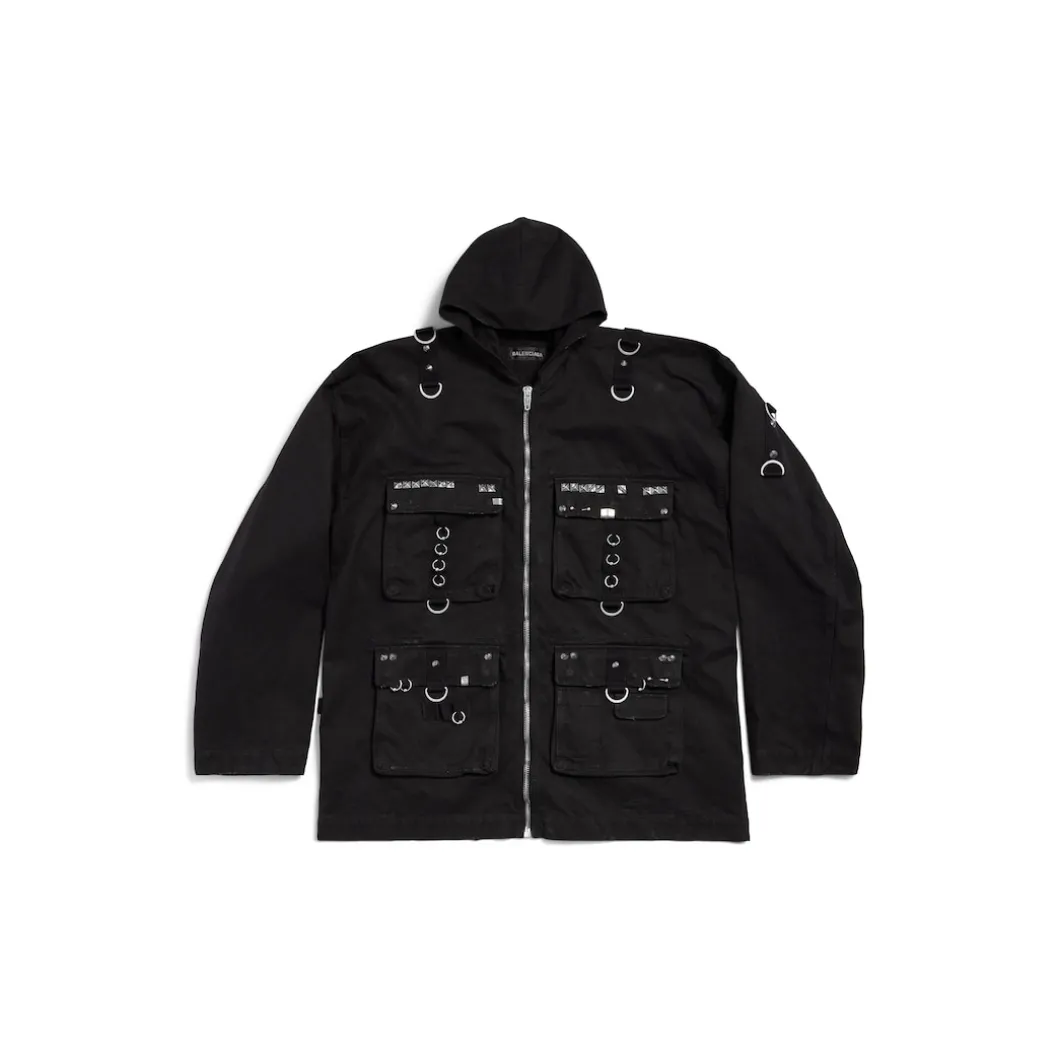 Men's Hooded Studded Zip-up Jacket in Black