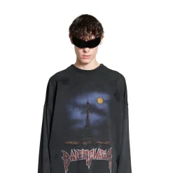 Men's Paris Moon Double Front Long Sleeve T-shirt Oversized in Black