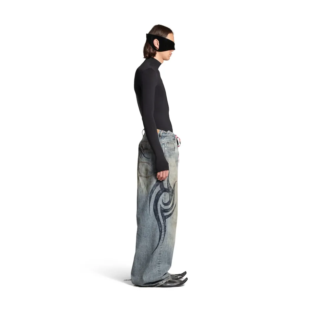 Men's Y2k Stretched Knee Baggy Pants in Light Blue