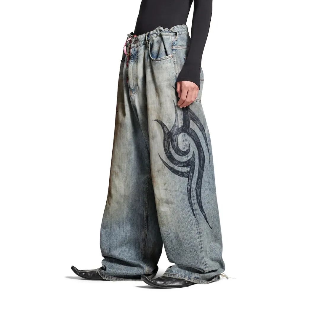 Men's Y2k Stretched Knee Baggy Pants in Light Blue