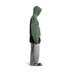 New Tape Type Ripped Pocket Hoodie Large Fit in Dark Green