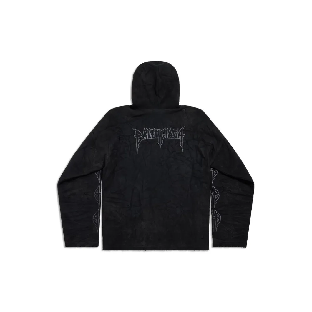 Paris Moon Crinkled Hoodie Large Fit in Black