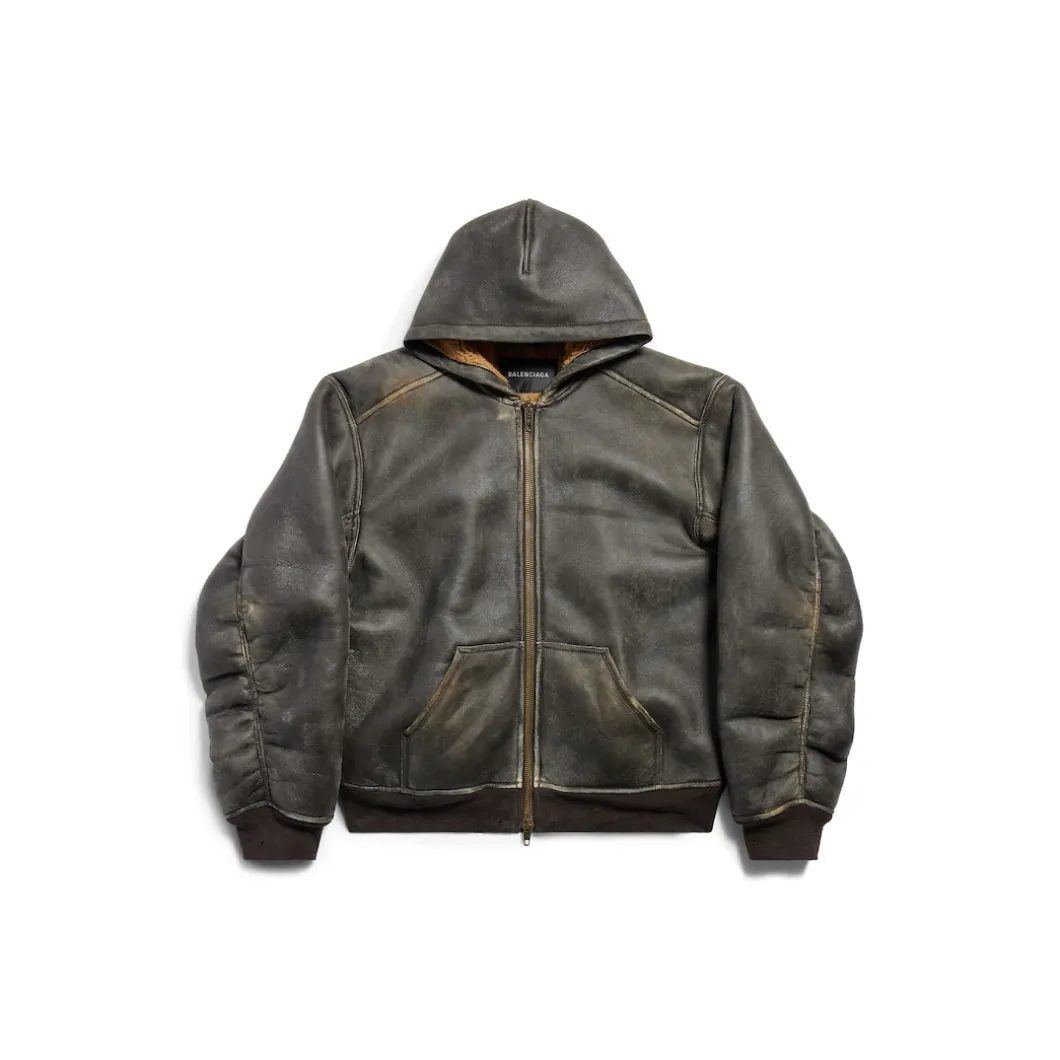 Shearling Zip-up Hoodie Large Fit in Brown