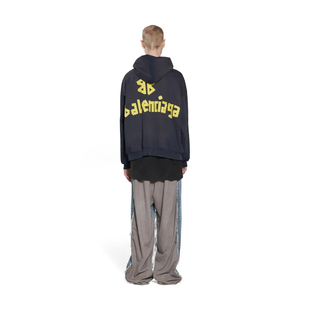 Tape Type Ripped Pocket Hoodie Oversized in Black Faded