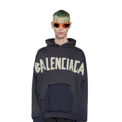 Tape Type Ripped Pocket Hoodie Oversized in Black Faded