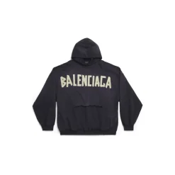 Tape Type Ripped Pocket Hoodie Oversized in Black Faded