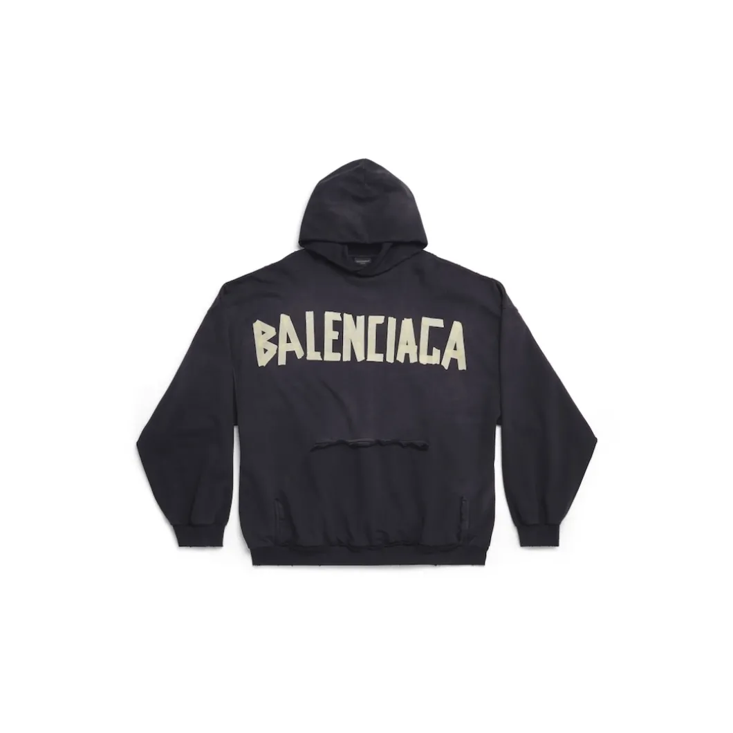 Tape Type Ripped Pocket Hoodie Oversized in Black Faded