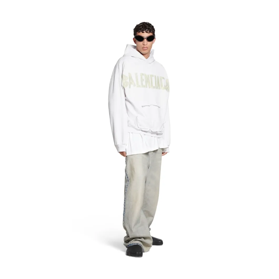 Tape Type Ripped Pocket Hoodie Large Fit in White