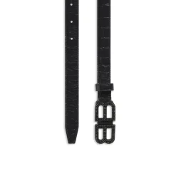 Women's Bb Hourglass Thin Belt Crocodile Embossed With Rhinestones in Black