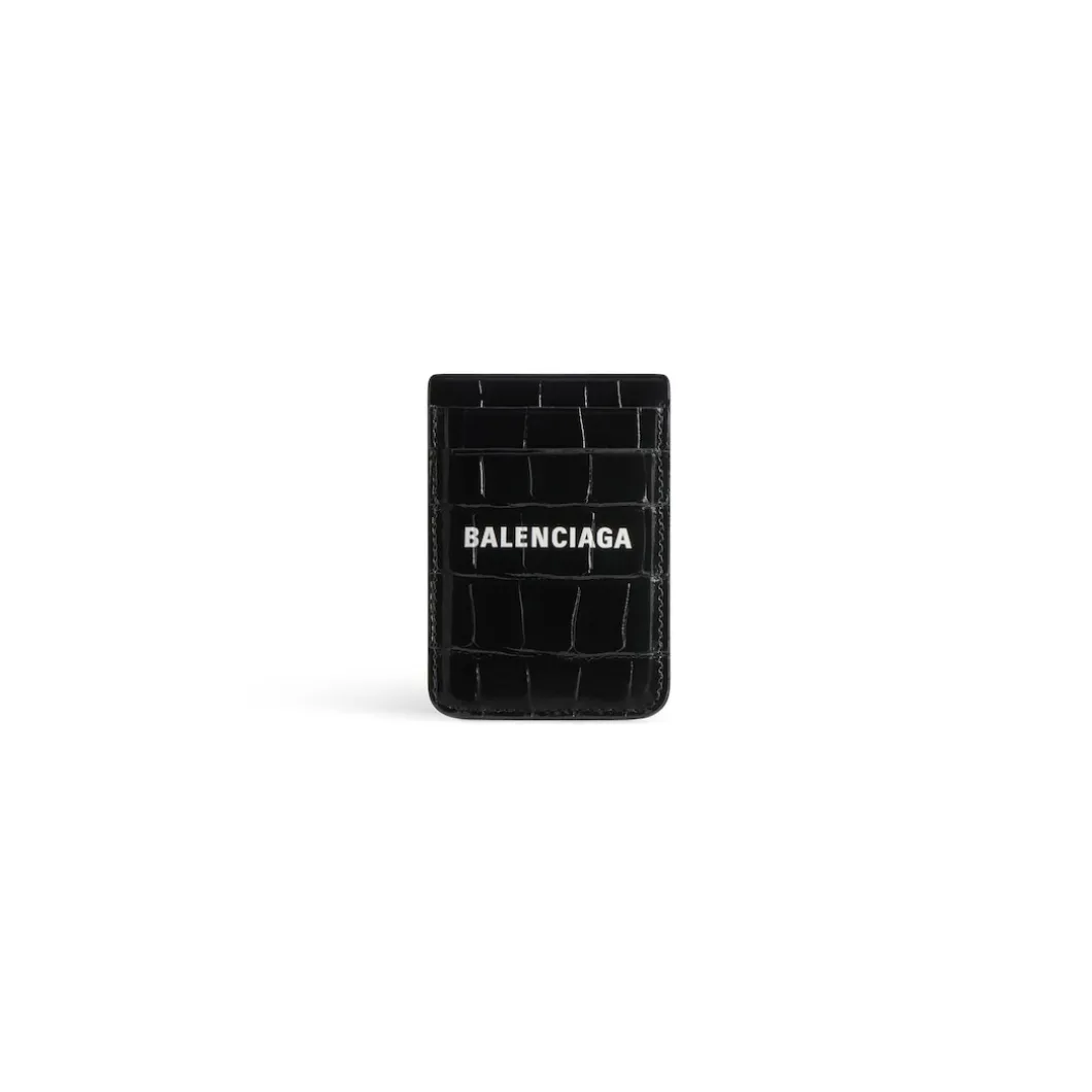 Women's Cash Magnet Card Holder Crocodile Embossed in Black/white
