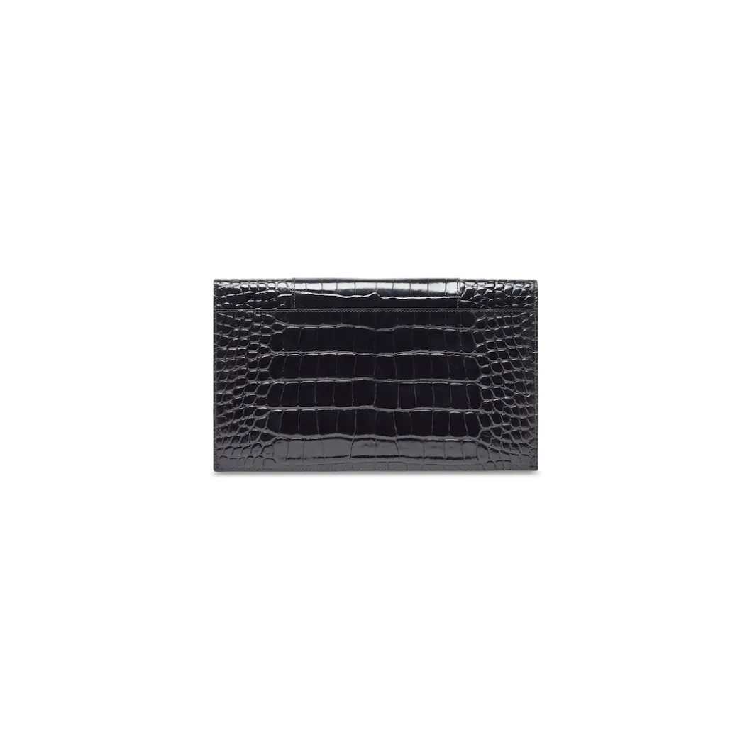Women's Hourglass Flat Pouch With Flap Crocodile Embossed in Black