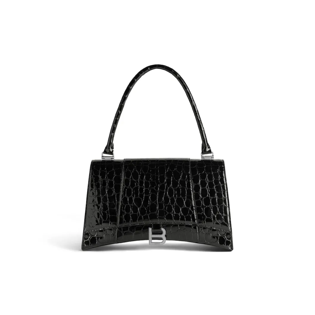 Women's Hourglass Hinge Medium Handbag Crocodile Embossed in Black