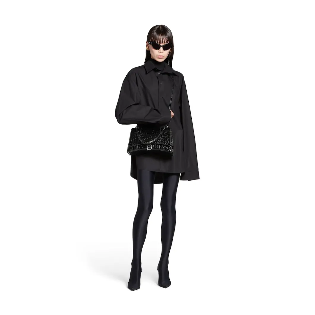Women's Hourglass Hinge Medium Handbag Crocodile Embossed in Black