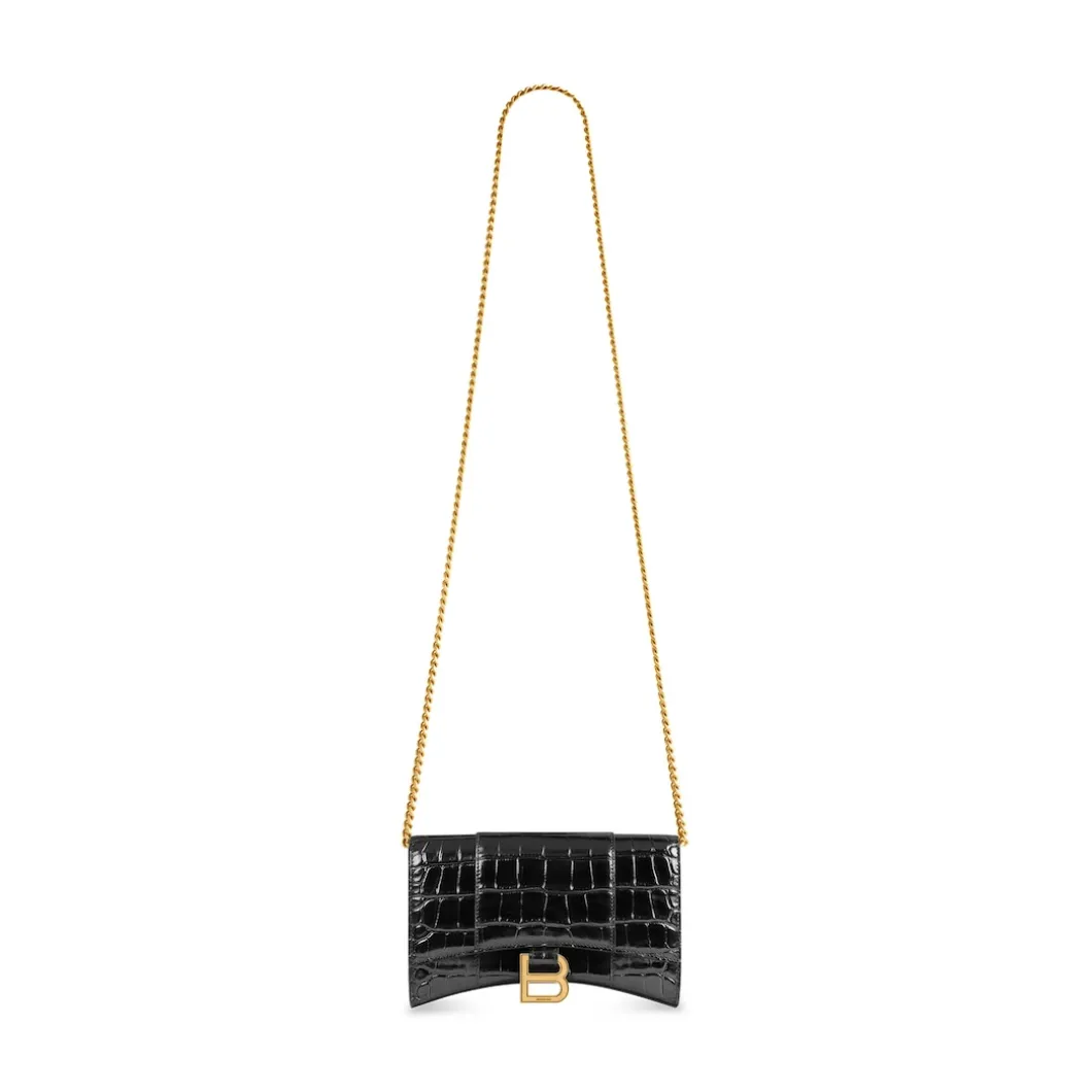 Women's Hourglass Wallet On Chain Crocodile Embossed in Black