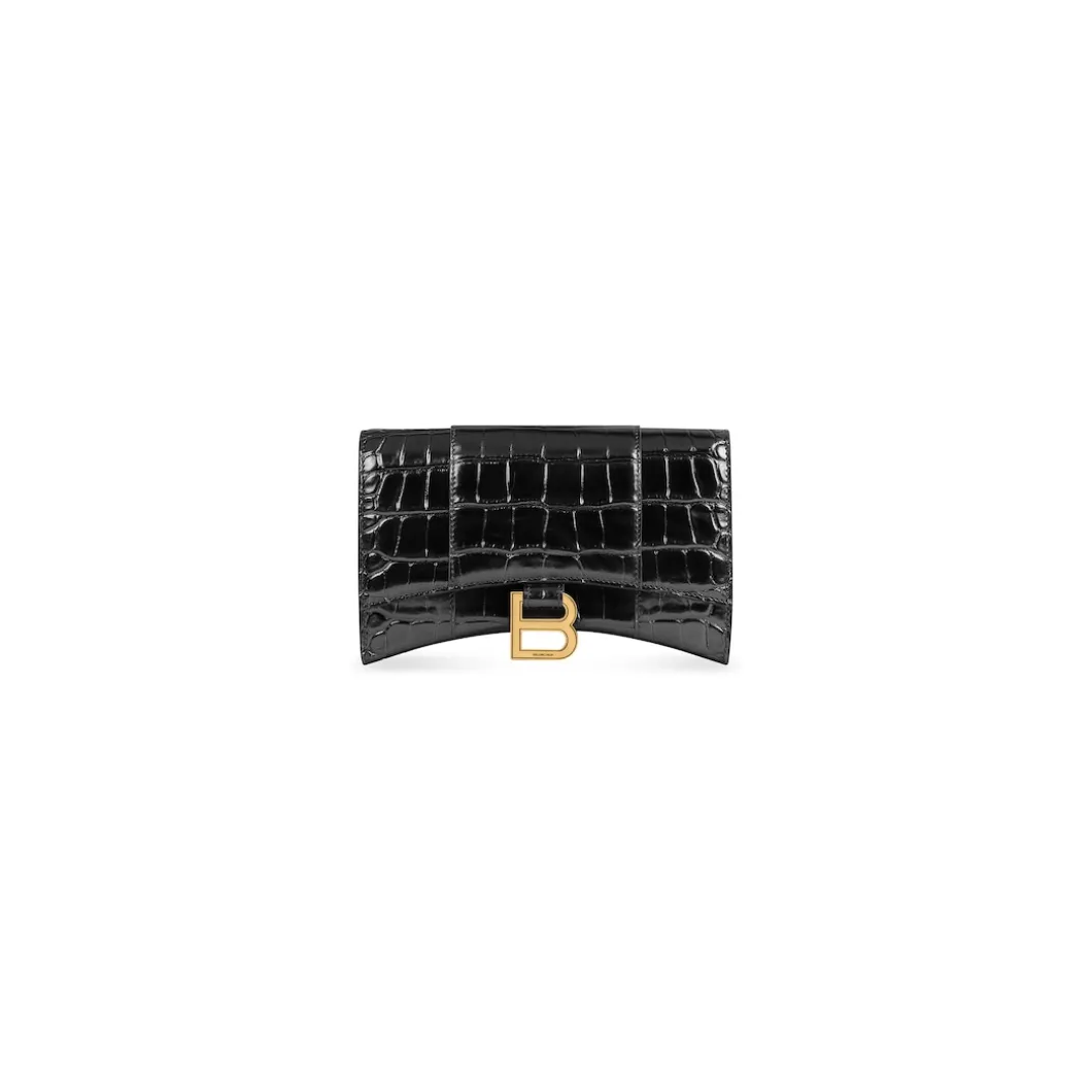 Women's Hourglass Wallet On Chain Crocodile Embossed in Black
