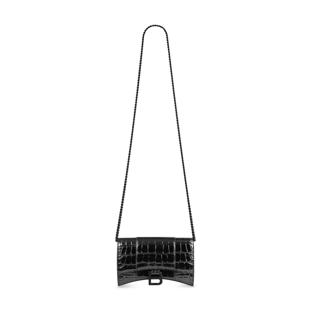 Women's Hourglass Wallet On Chain Crocodile Embossed in Black