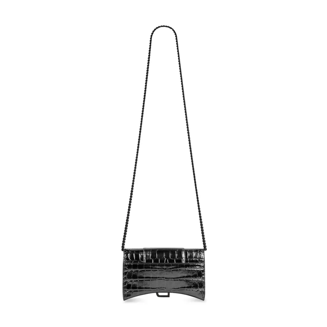 Women's Hourglass Wallet On Chain Crocodile Embossed in Black