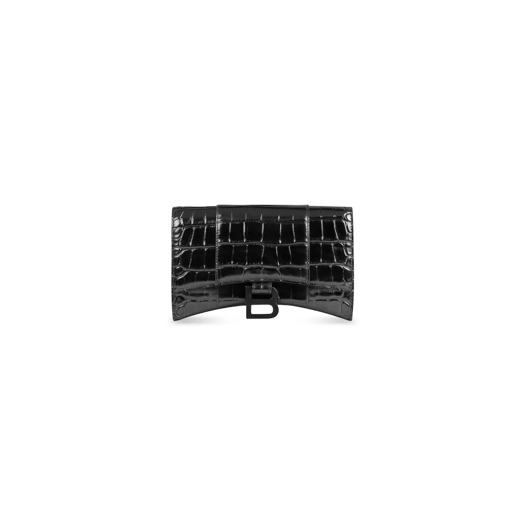 Women's Hourglass Wallet On Chain Crocodile Embossed in Black