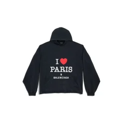 Women's I Love Paris & Balenciaga Cropped Hoodie Oversized in Black Faded
