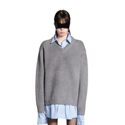 Women's Layered Shirt V-neck Sweater in Grey