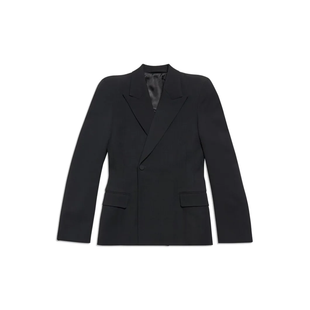 Women's Round Shoulder Waisted Jacket in Black